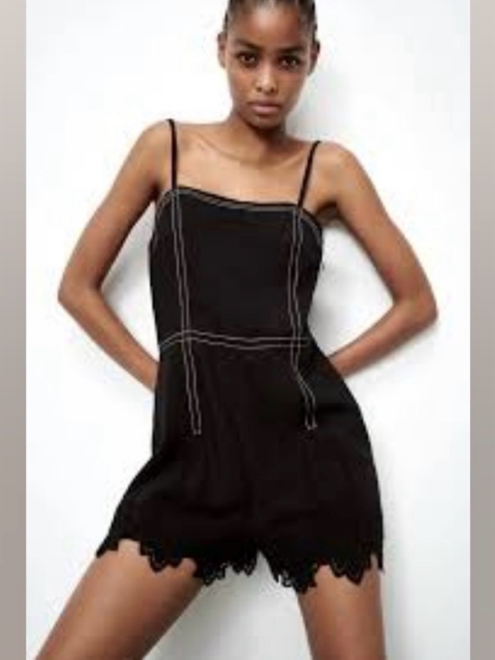 Zara Black Lace Trim Romper NWT Size M Scalloped Hem